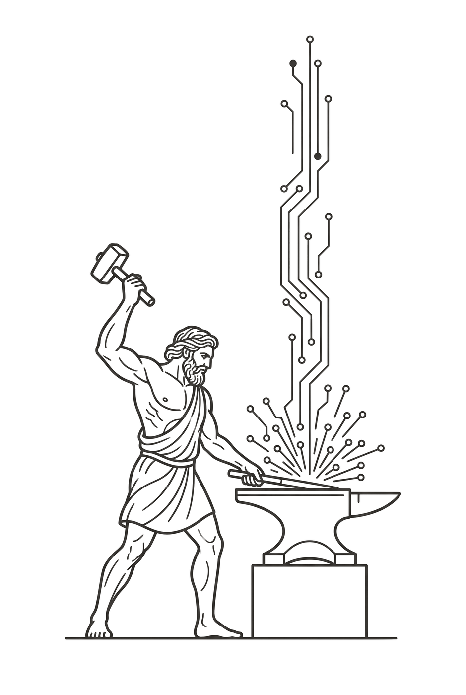 Hephaestus at the anvil — sparks from the strike rising as circuit traces