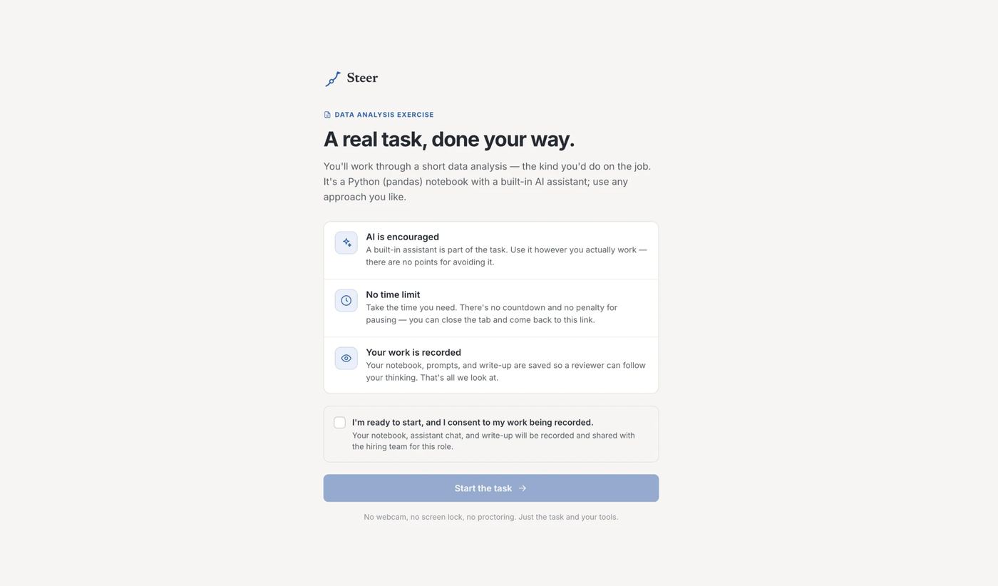 The candidate's start page: a real task, done your way